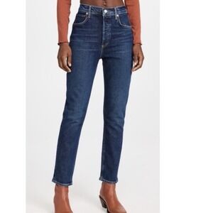 Agolde Riley Long High Rise Straight Leg Jeans Dark Wash A9090B-1255 button 24